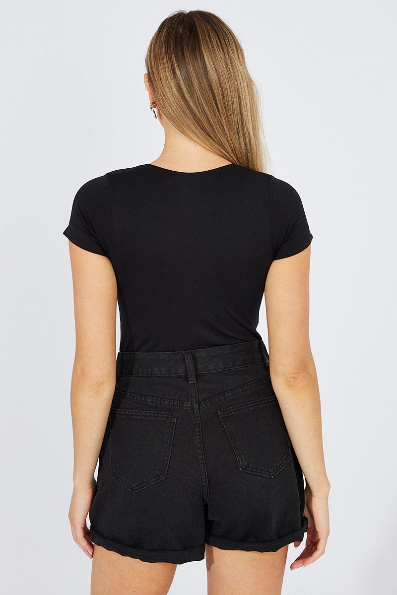 Black Bodysuit Short Sleeve Cut Out for Ally Fashion