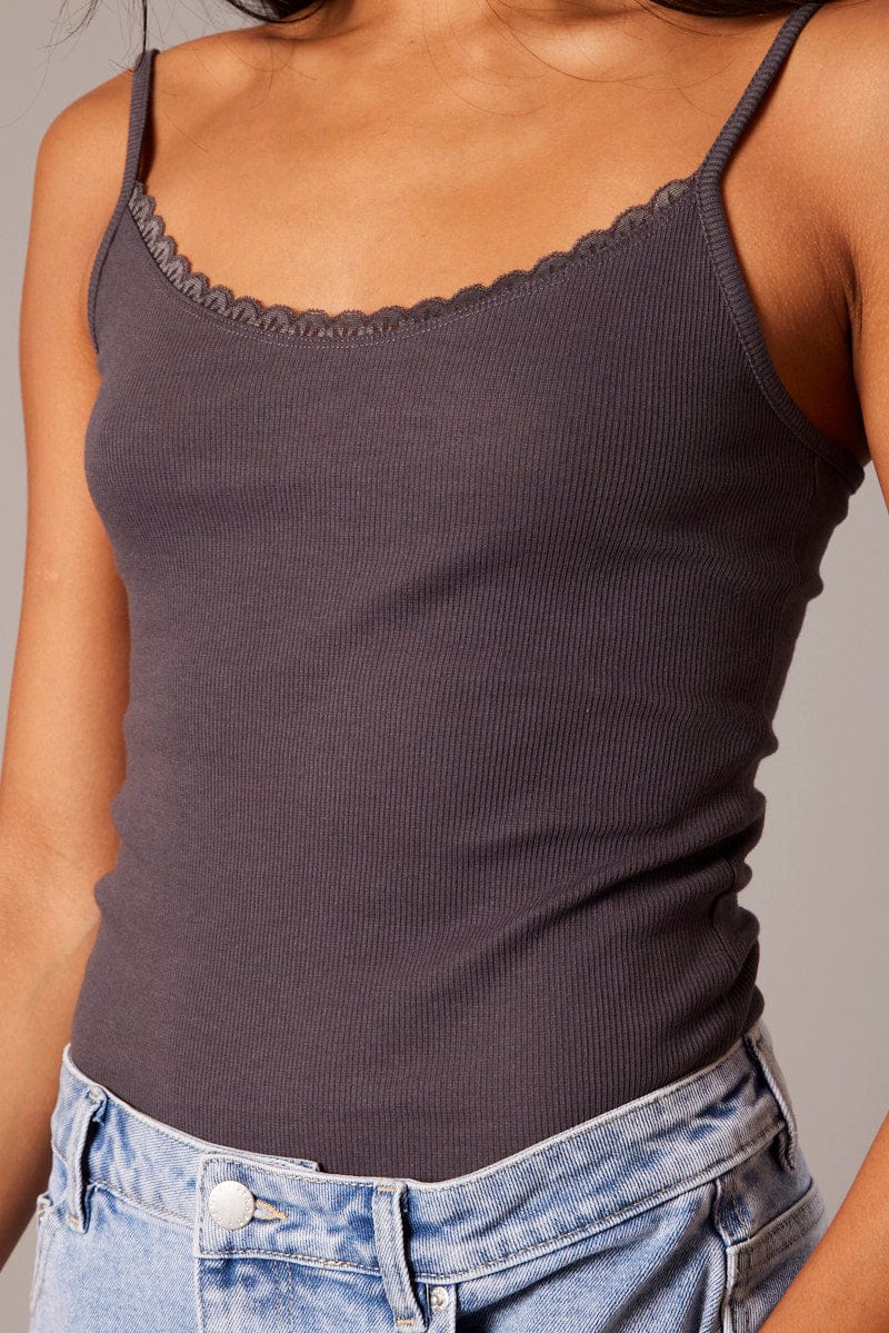 Grey Singlet Top Sleeveless Scoop Neck Lace Trim for Ally Fashion