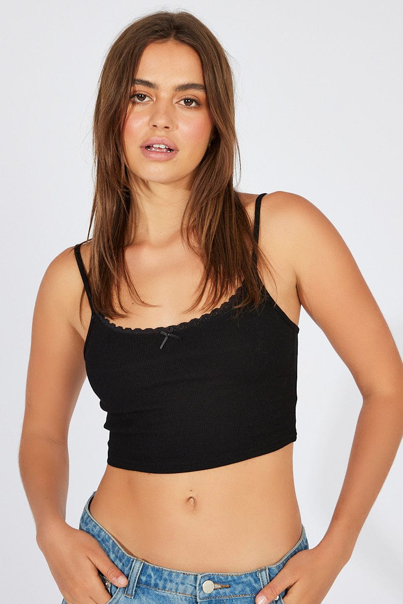 Black Singlet Top Lace Trim Cropped for Ally Fashion