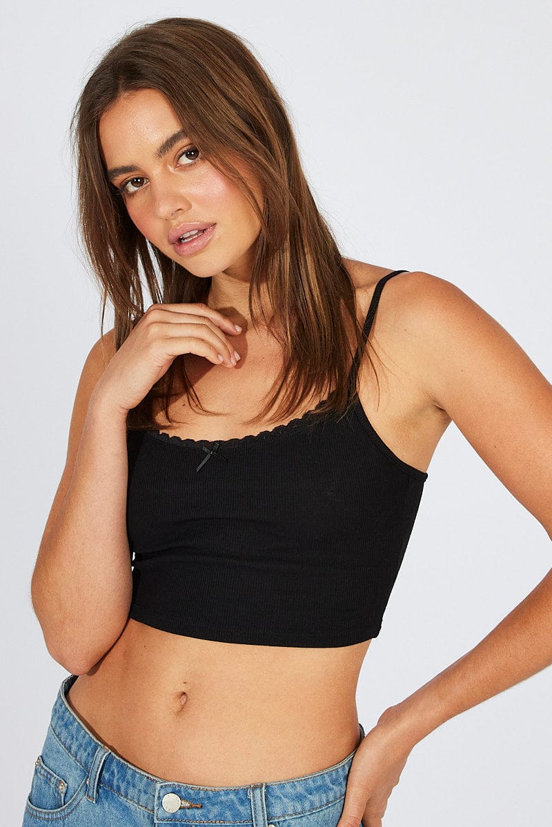 Black Singlet Top Lace Trim Cropped for Ally Fashion