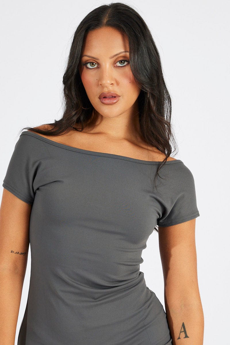 Grey Dress Short Sleeve Open Back Supersoft for Ally Fashion