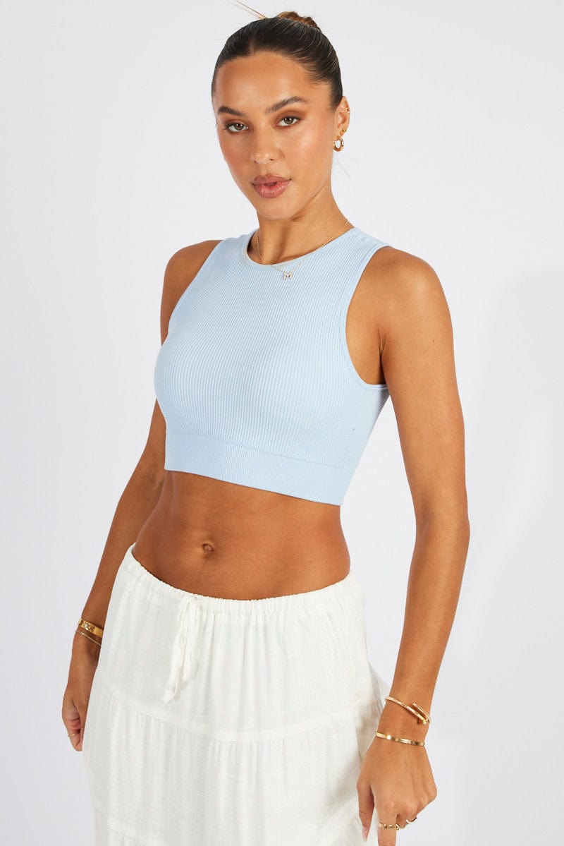 Blue Tank Top Crew Neck Seamless for Ally Fashion