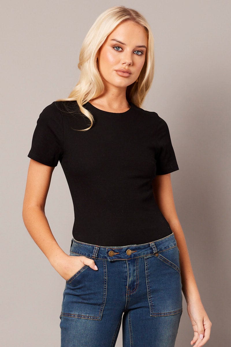 Black T Shirt Short Sleeve Round Neck Longline Lined for Ally Fashion