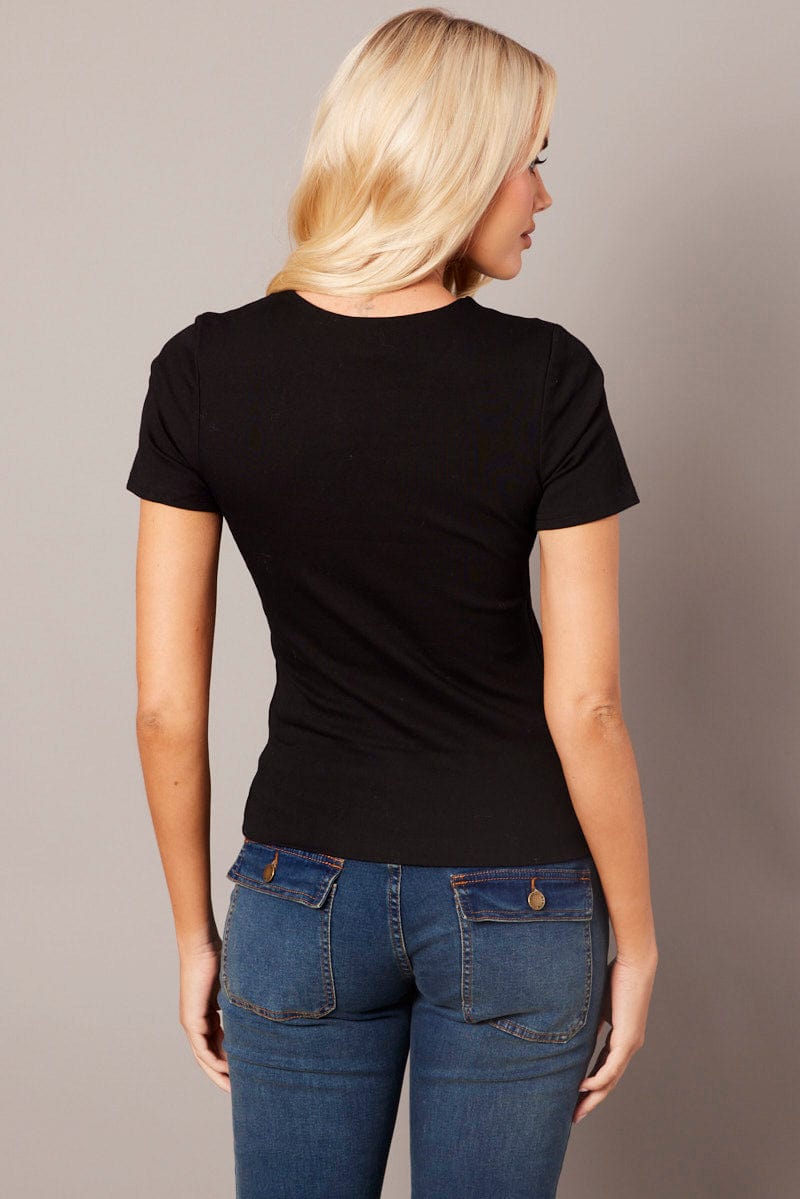 Black T Shirt Short Sleeve Round Neck Longline Lined for Ally Fashion