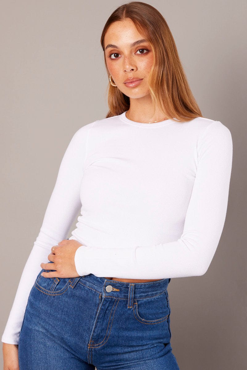 White Top Long Sleeve Round Neck Rib Jersey for Ally Fashion