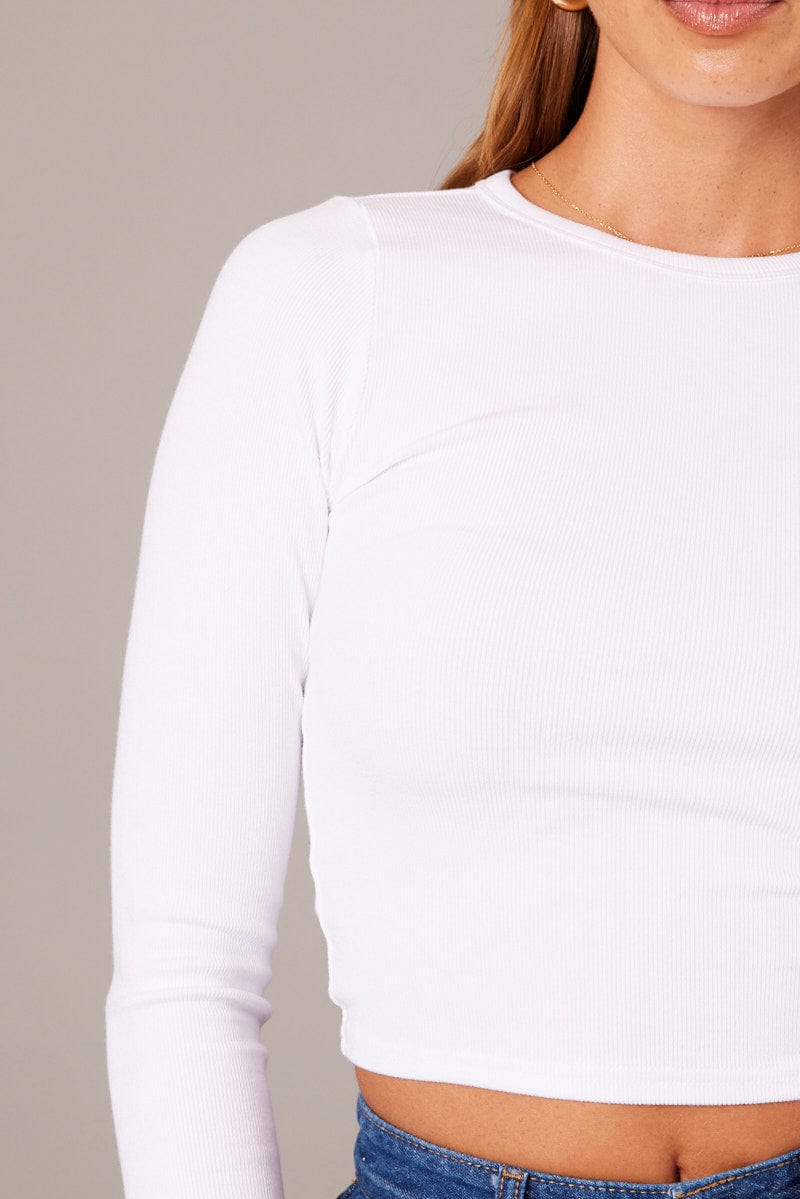 White Top Long Sleeve Round Neck Rib Jersey for Ally Fashion