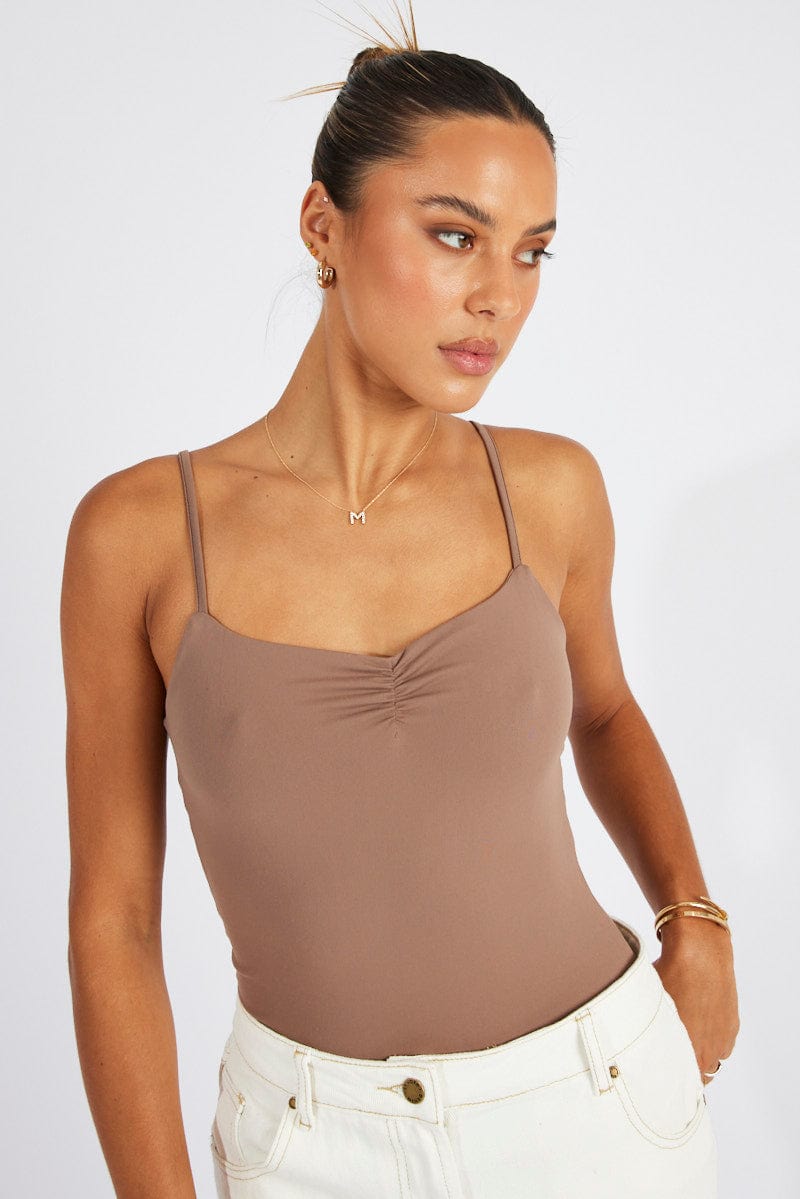 Brown Bodysuit Front Ruched Supersoft for Ally Fashion