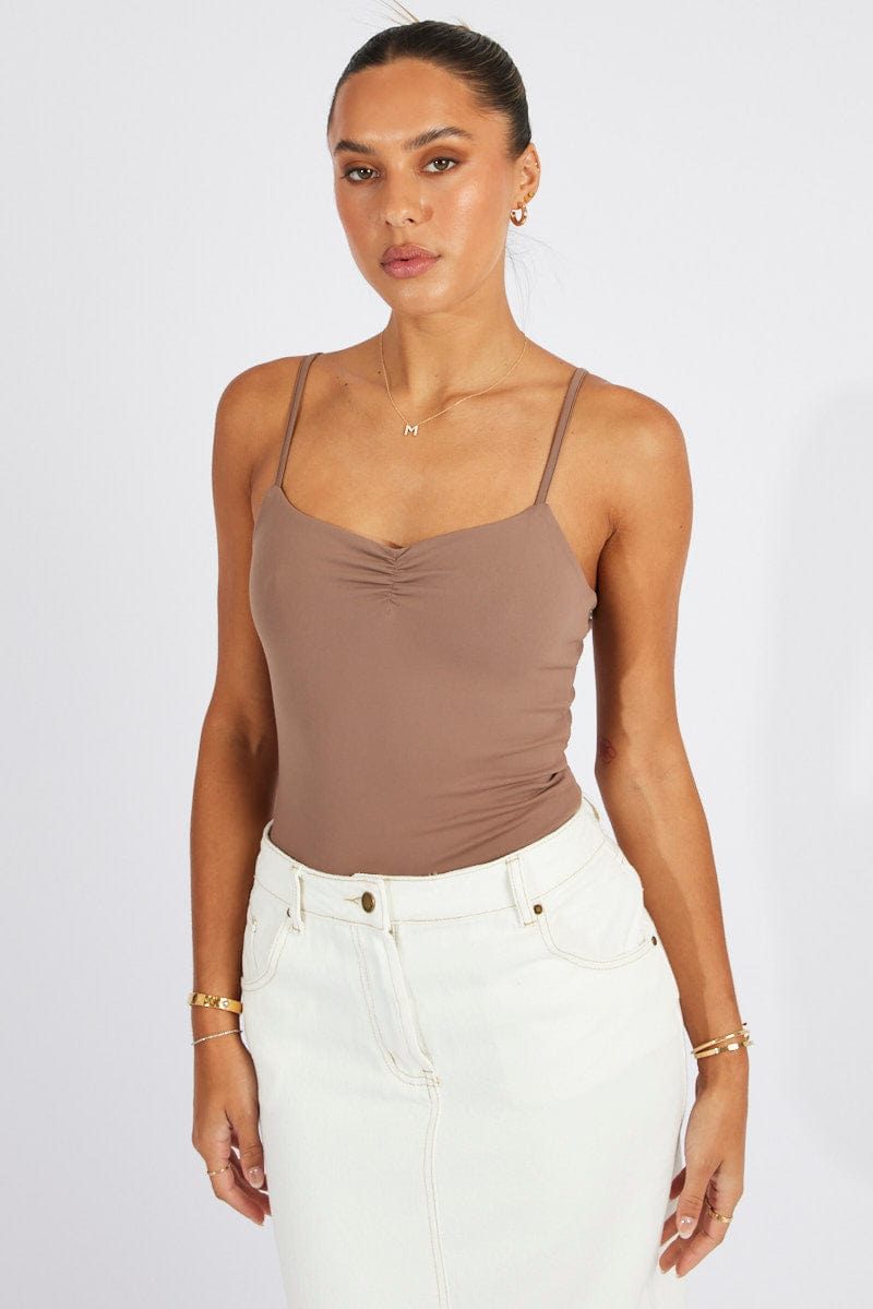 Brown Bodysuit Front Ruched Supersoft for Ally Fashion