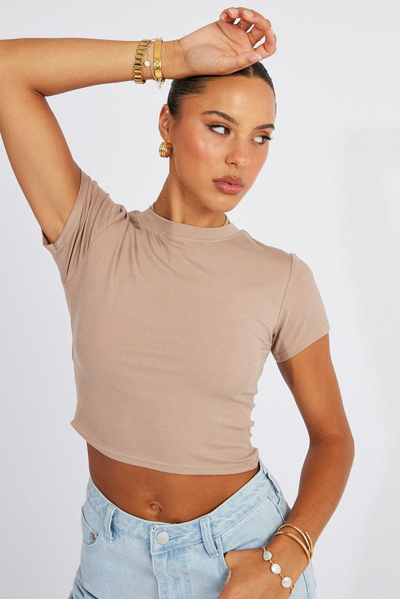 Brown T Shirt Short Sleeve Crew Neck for Ally Fashion