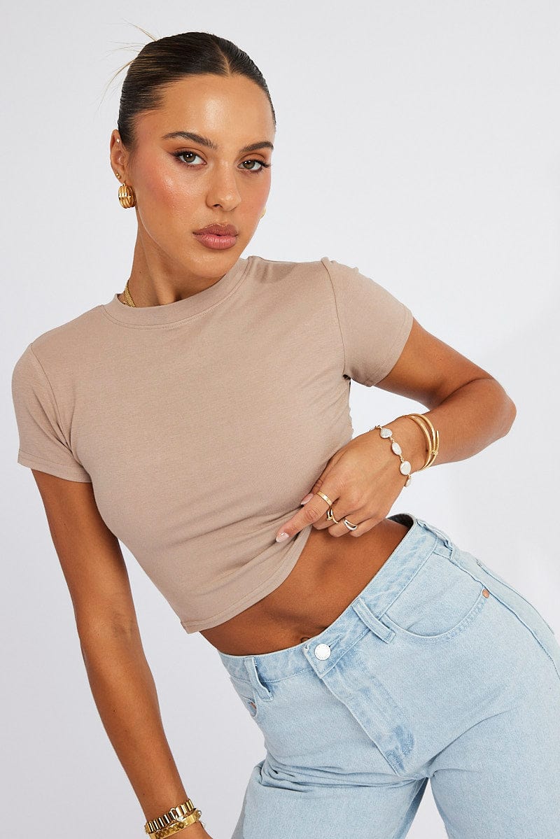 Brown T Shirt Short Sleeve Crew Neck for Ally Fashion