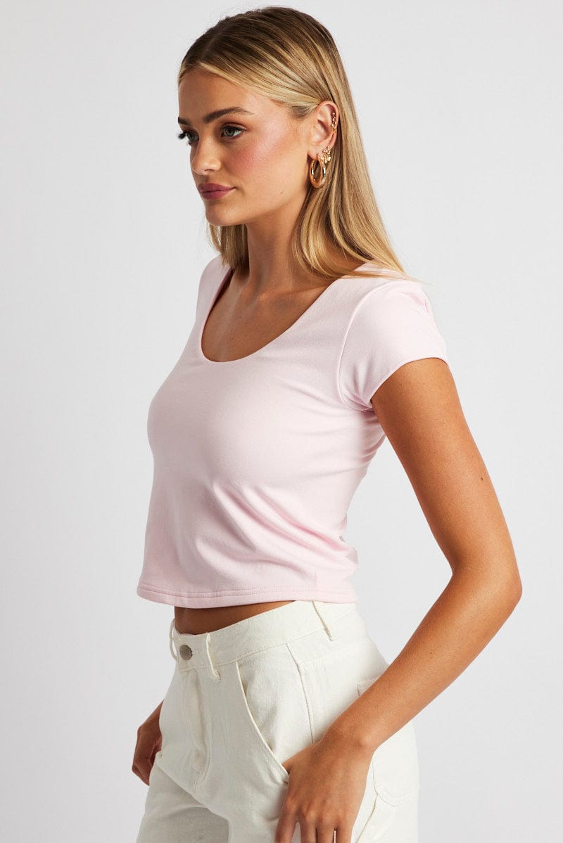 Pink T Shirt Cap Sleeve Square Neck Seamless for Ally Fashion