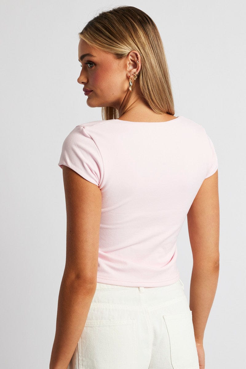 Pink T Shirt Cap Sleeve Square Neck Seamless for Ally Fashion