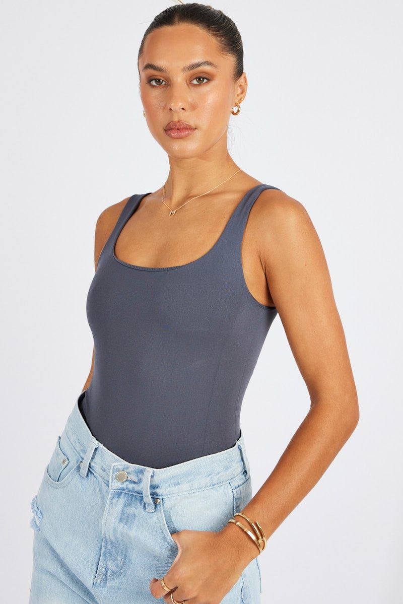 Grey Bodysuit Scoop Neck Seamless for Ally Fashion