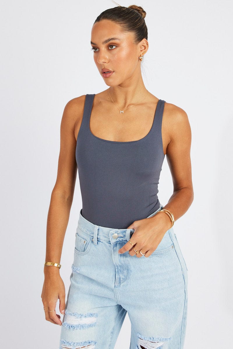 Grey Bodysuit Scoop Neck Seamless for Ally Fashion