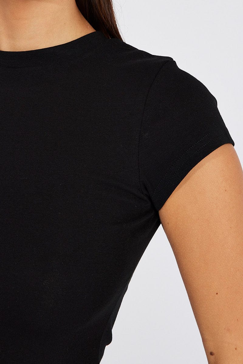 Black T Shirt Short Sleeve Crew Neck Cotton Rib for Ally Fashion