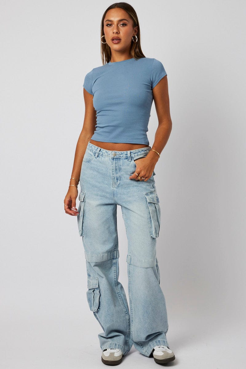 Blue T Shirt Short Sleeve Crew Neck Cotton Rib for Ally Fashion