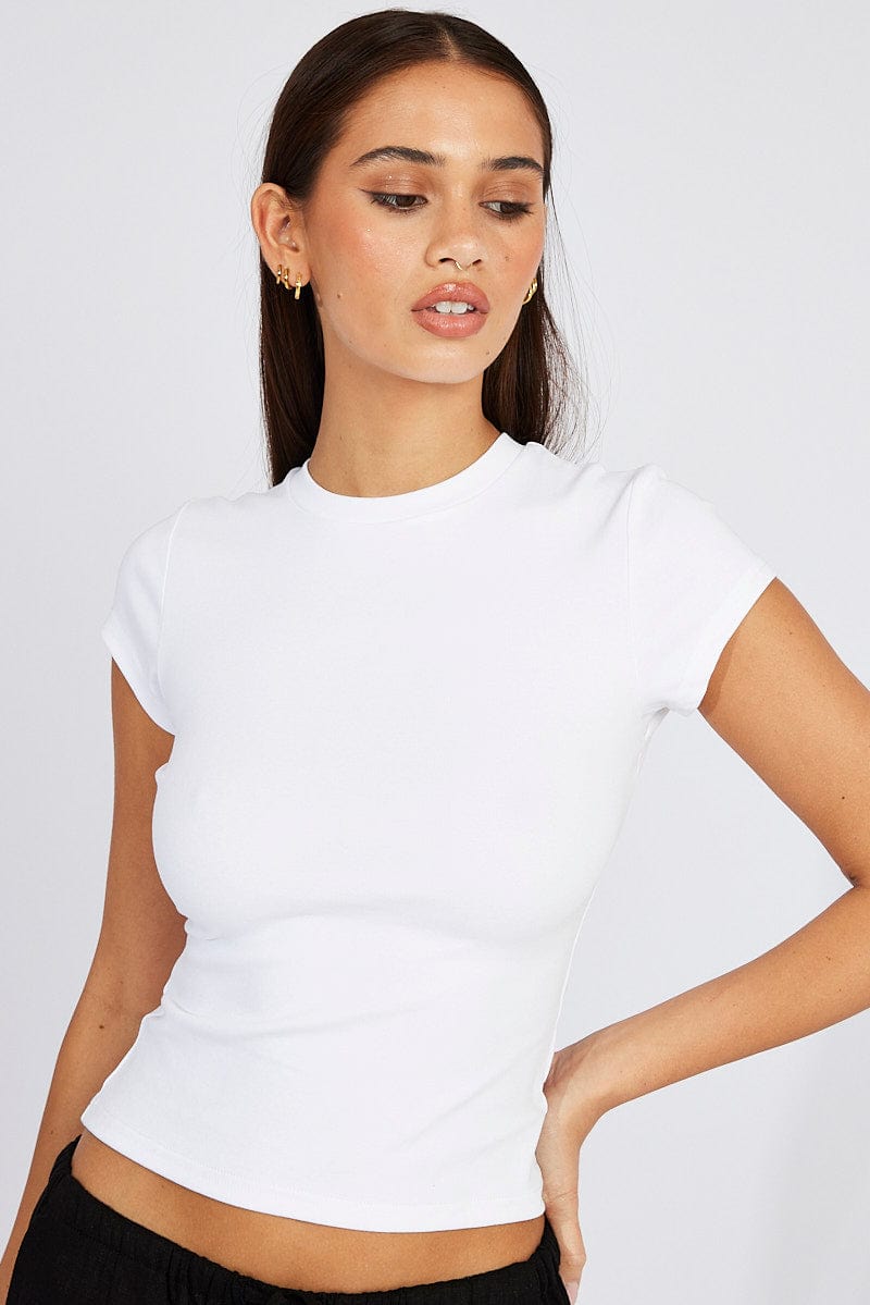 White T Shirt Short Sleeve Crew Neck Cotton Rib | Ally Fashion