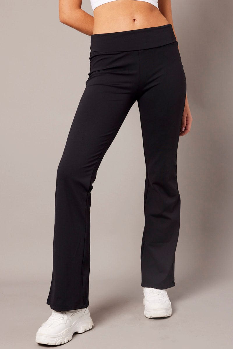 Black Flared Pants Fold Up Waist Mid Rise for Ally Fashion