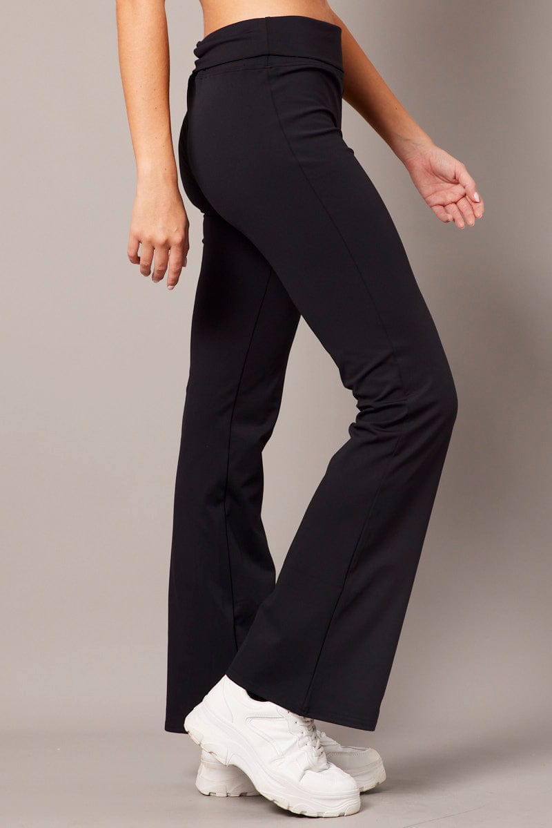 Black Flared Pants Fold Up Waist Mid Rise for Ally Fashion