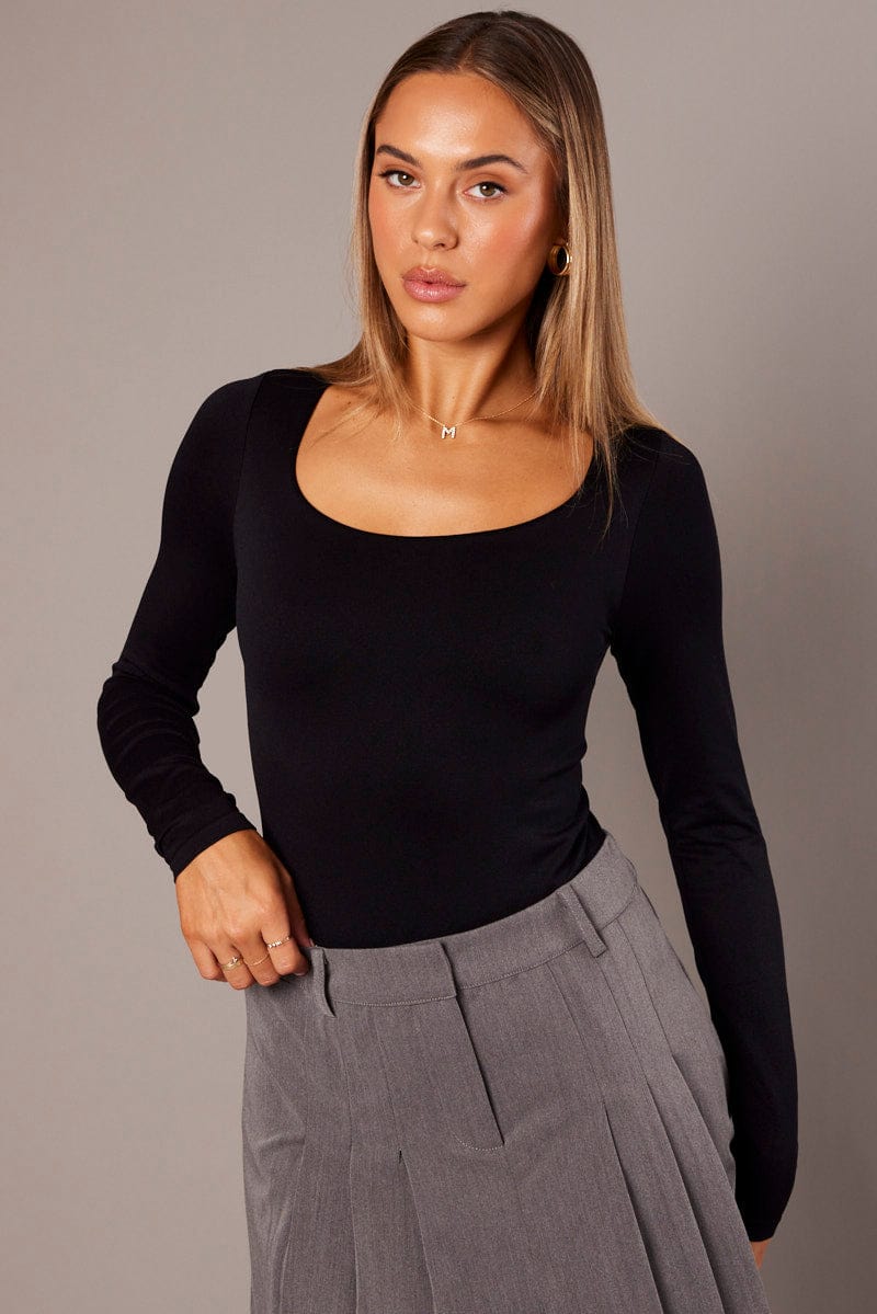 Black Bodysuit Short Sleeve Square Neck Seamless for Ally Fashion