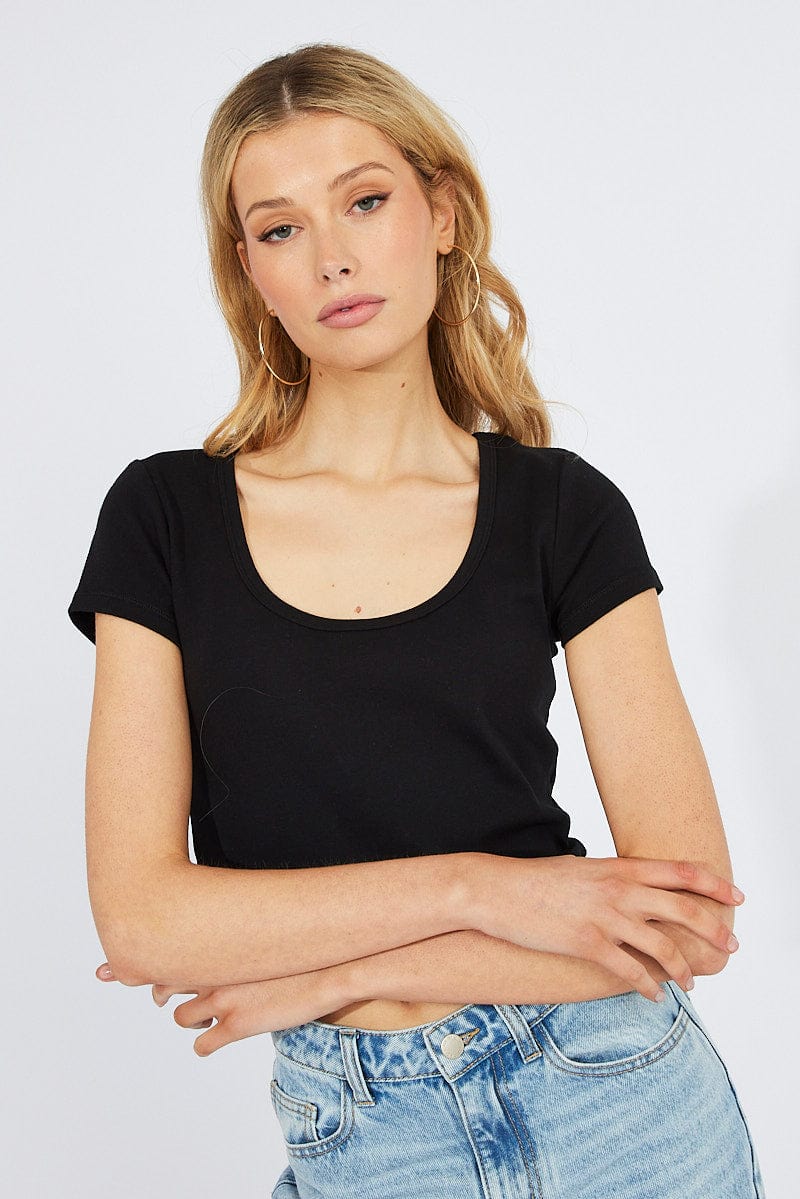 Black T Shirt Short Sleeve Scoop Neck for Ally Fashion