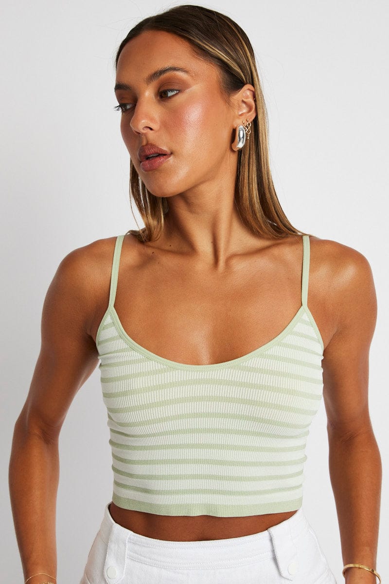 Green Stripe Singlet Sleeveless Scoop Neck Seamless for Ally Fashion