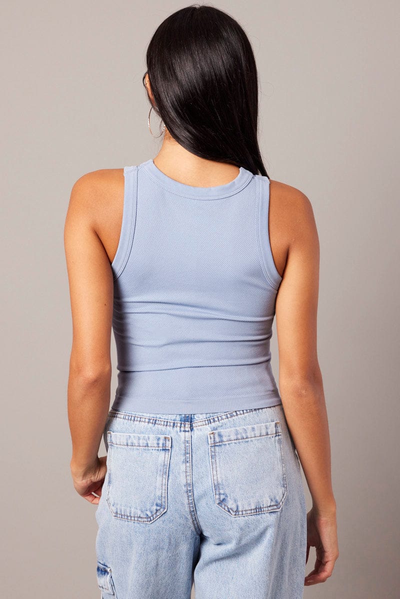 Blue Tank Top Crew Neck Seamless for Ally Fashion
