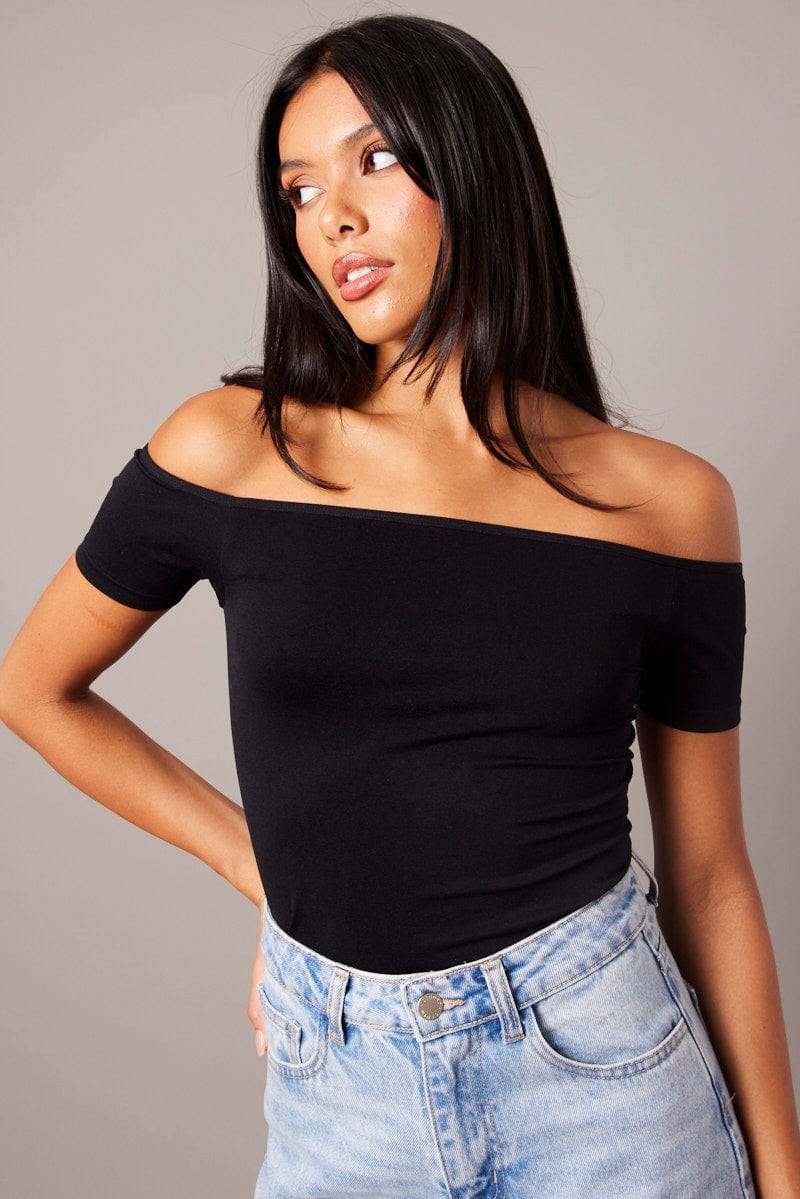 Black Off Shoulder Top Short Sleeve Seamless for Ally Fashion