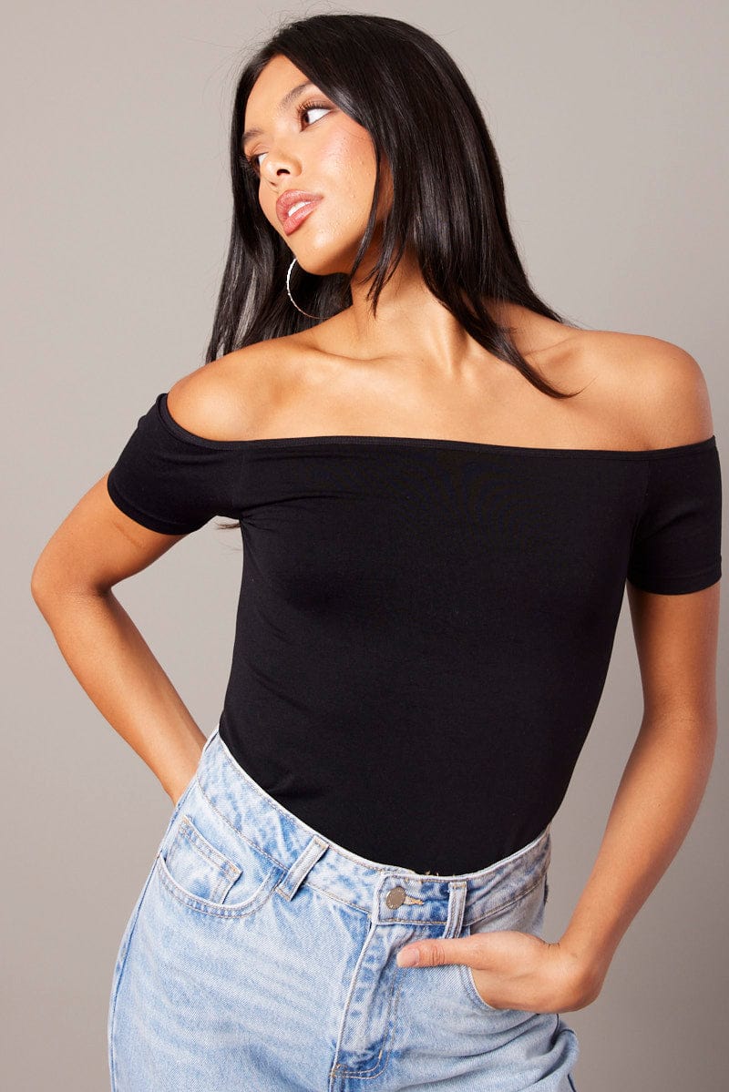 Black Off Shoulder Top Short Sleeve Seamless for Ally Fashion