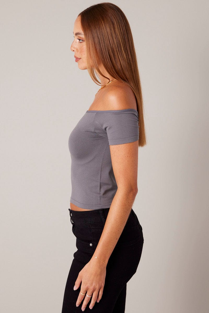 Grey Off Shoulder Top Short Sleeve Seamless for Ally Fashion