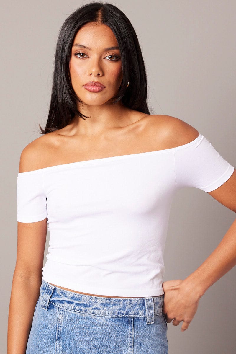 White Off Shoulder Top Short Sleeve Seamless for Ally Fashion