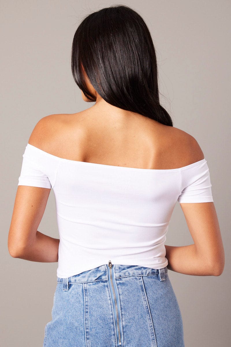 White Off Shoulder Top Short Sleeve Seamless for Ally Fashion