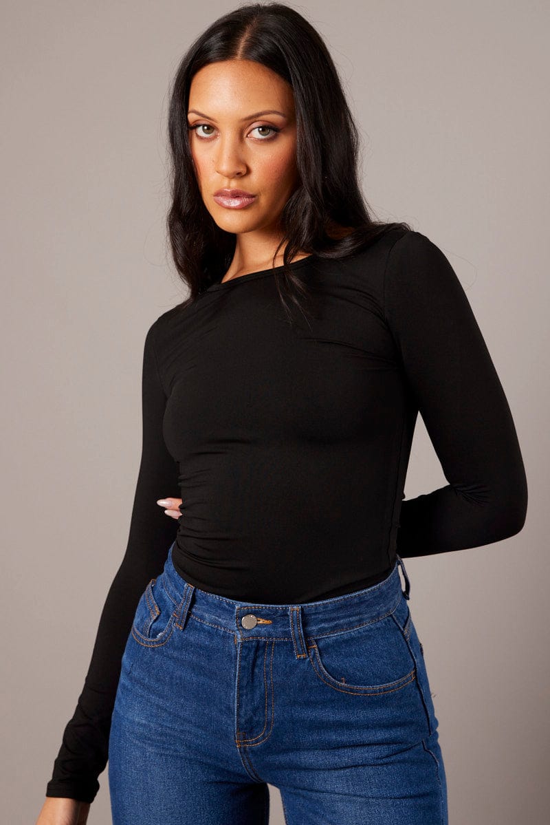 Black Fleece Lined Top Long Sleeve Crew Neck for Ally Fashion