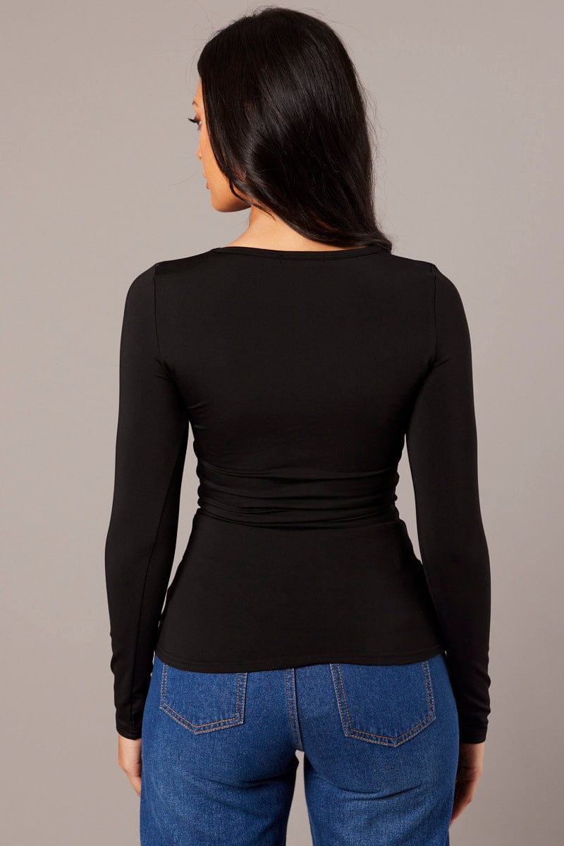 Black Fleece Lined Top Long Sleeve Crew Neck for Ally Fashion