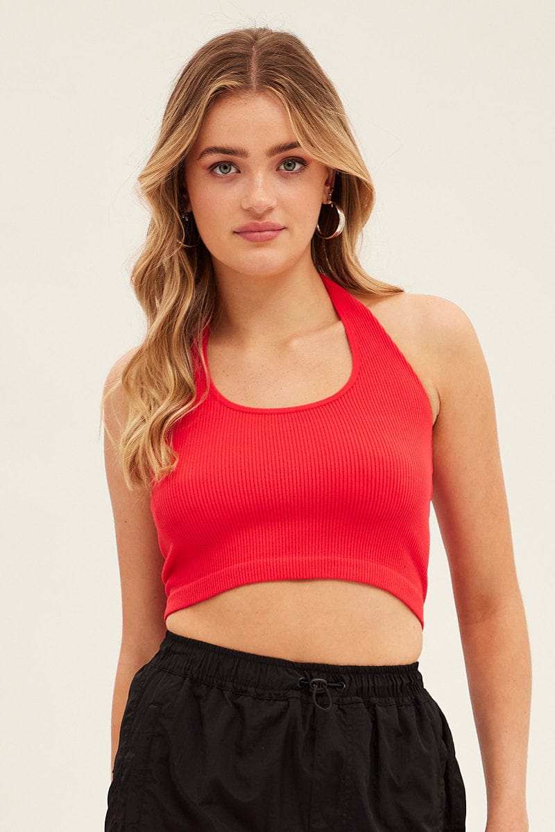 Red Halter Top Round Neck Seamless for Ally Fashion