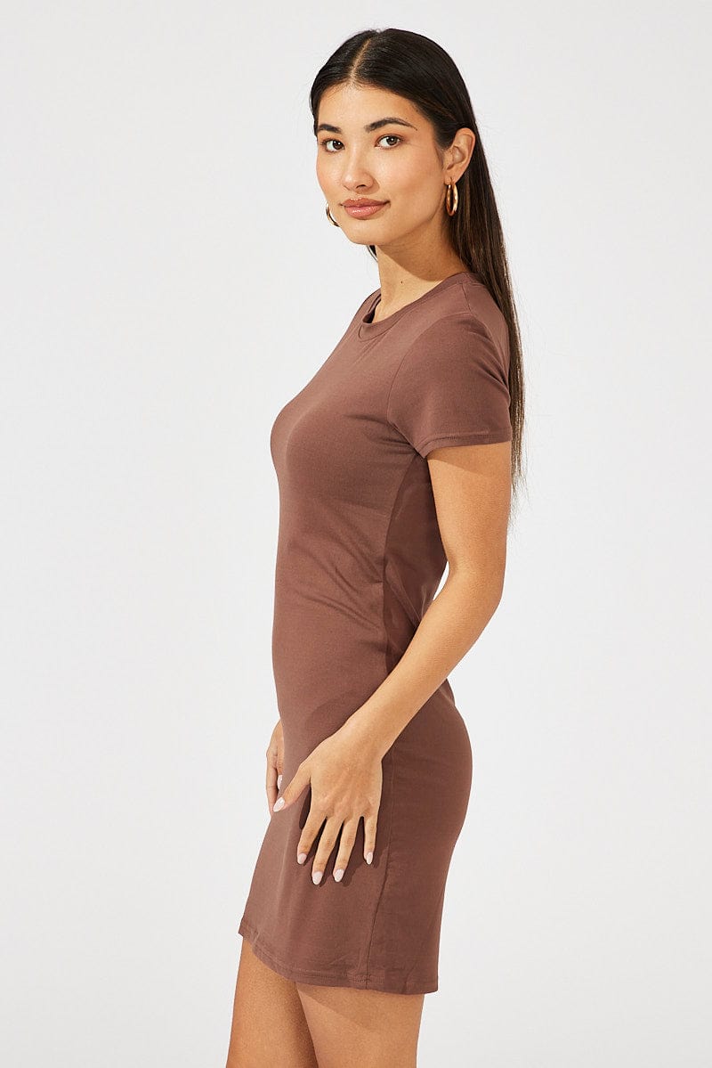 Brown Dress Short Sleeve Crew Neck Supersoft for Ally Fashion