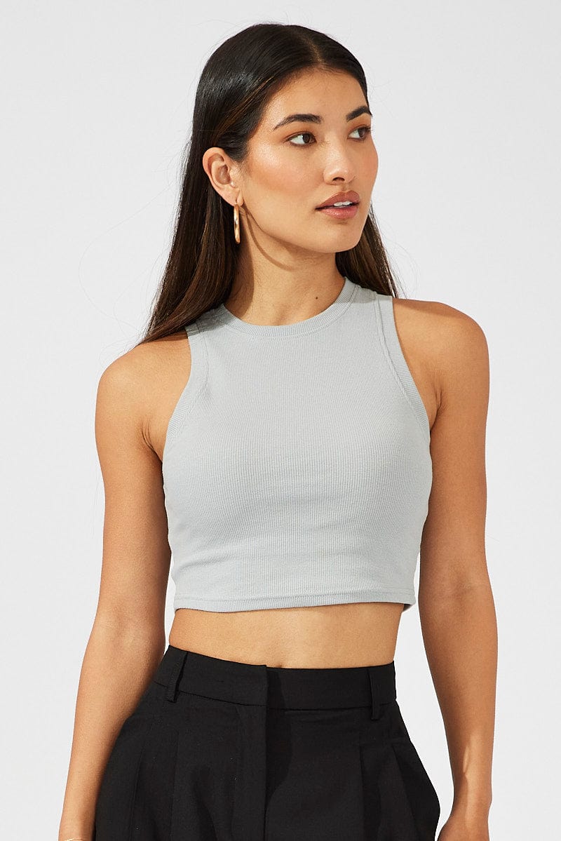 Grey Crop Tank Top Crew neck for Ally Fashion