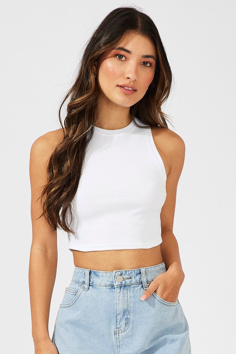 White Crop Tank Top Crew neck for Ally Fashion