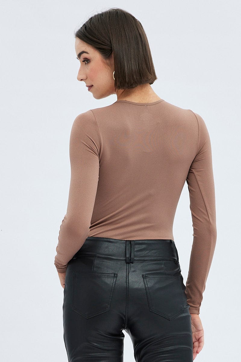 Brown Bodysuit Long Sleeve Crew Neck Seamless for Ally Fashion