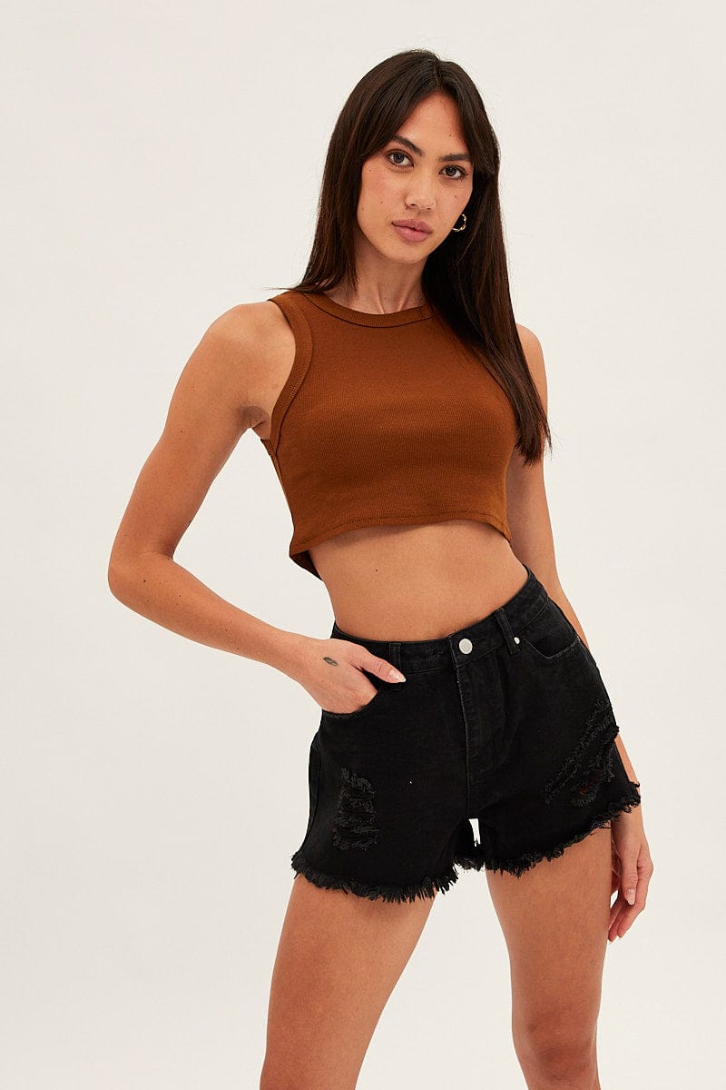 Brown Tank Top Sleeveless Crew Neck for Ally Fashion