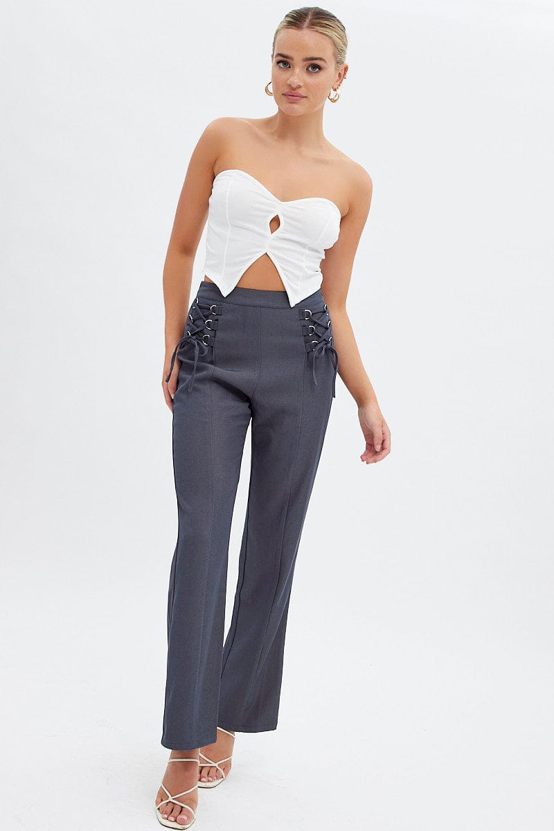 Grey Straight Leg Pants High Rise Tailored Lace Up | Ally Fashion