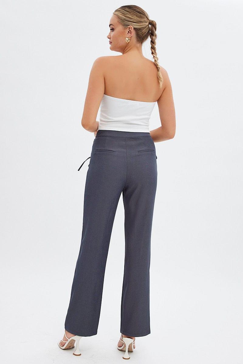 Grey Straight Leg Pants High Rise Tailored Lace Up | Ally Fashion
