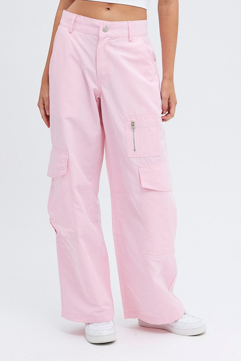 Pink Cargo Pants Mid-Rise Wide Leg Parachute for Ally Fashion