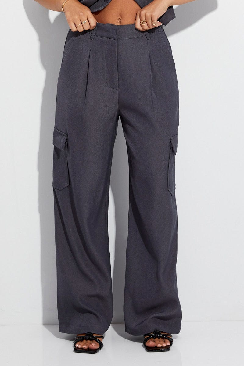 Grey Wide Leg Pants High Rise Cargo Tailored for Ally Fashion