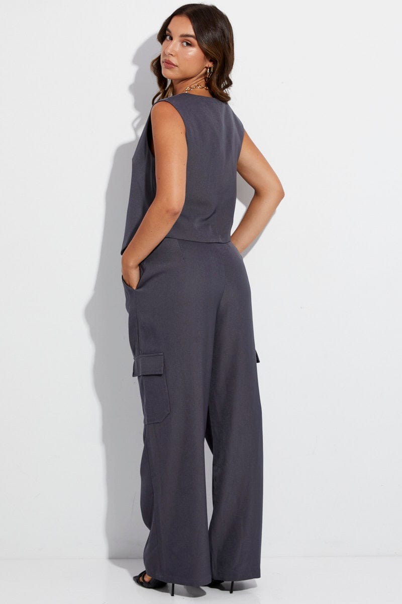 Grey Wide Leg Pants High Rise Cargo Tailored for Ally Fashion