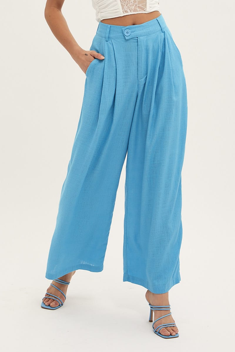Blue Wide Leg Pants High Rise Linen Blend for Ally Fashion
