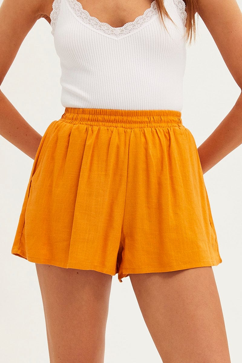 Orange Mini Shorts High Rise Linen Blend for Ally Fashion