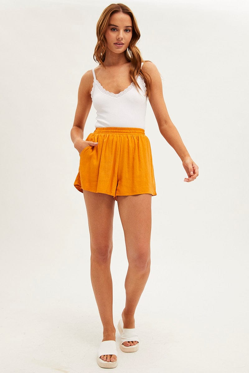 Orange Mini Shorts High Rise Linen Blend for Ally Fashion