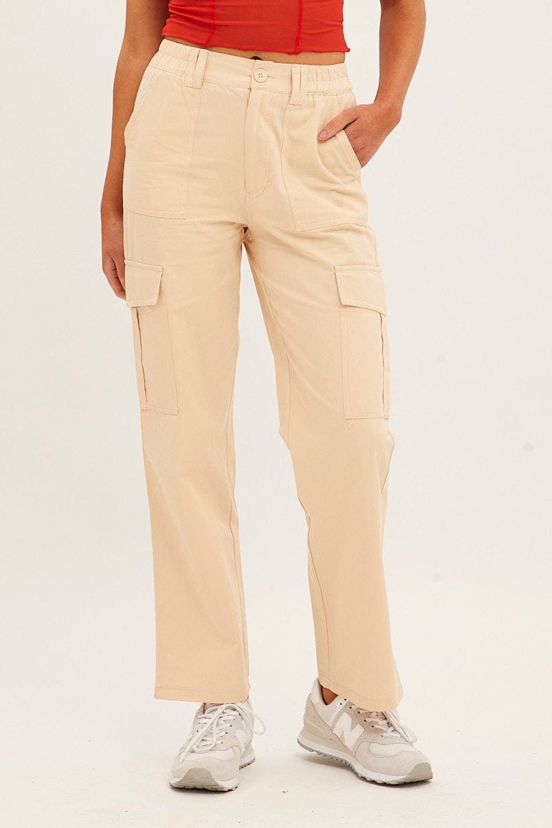 Beige High Rise Wide Leg Cargo Pants for Ally Fashion