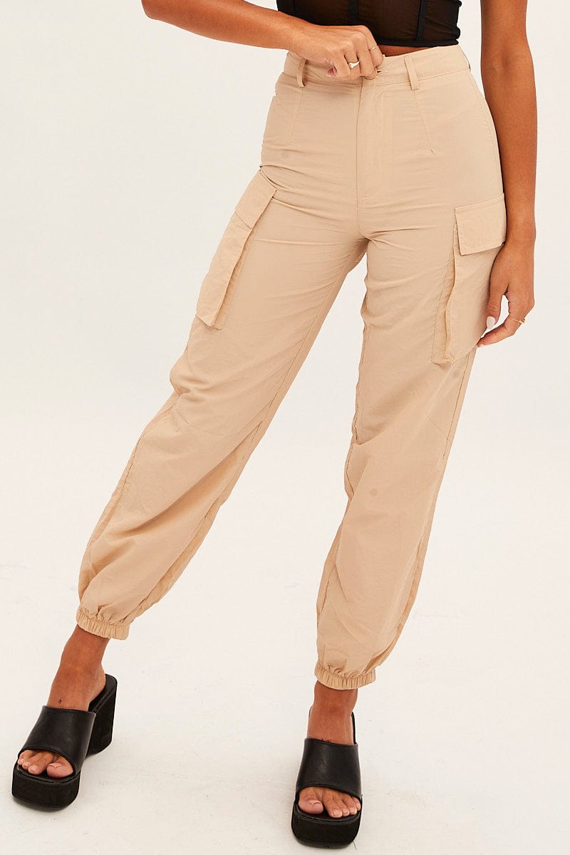 Beige High Rise Wide Leg Cargo Pants for Ally Fashion